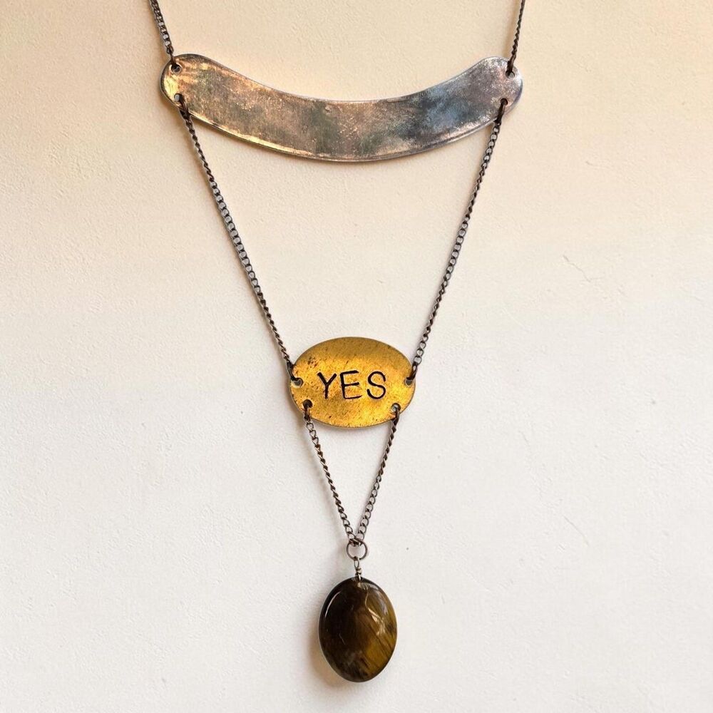 Tiger Eye YES Pendant Necklace Layered Brass Copper Mixed Metal Artisan Made 19"